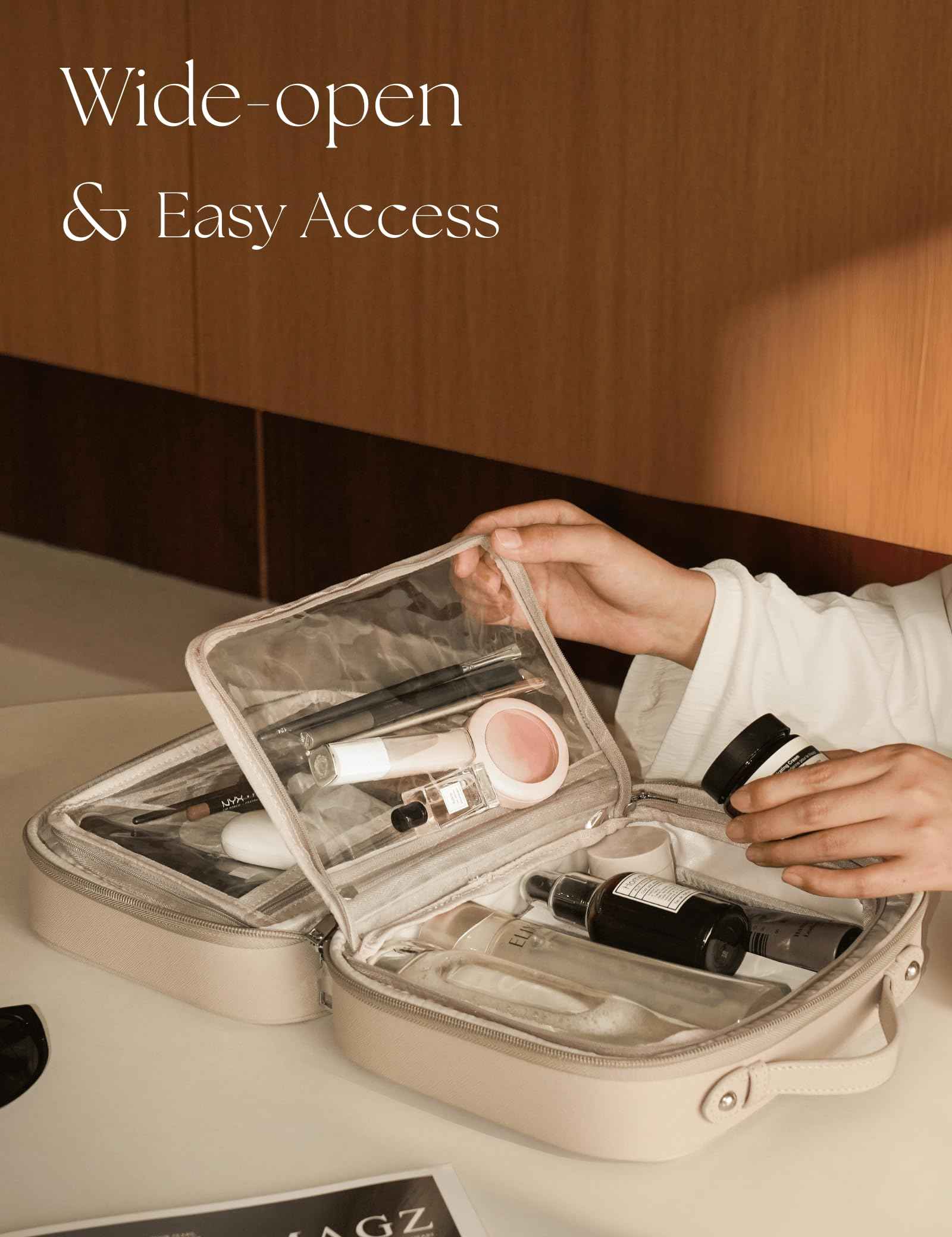 Oaque Clear Cosmetic Bag Double Layer Travel Toiletry Bag Clear Makeup Bag Case with 4 Compartments, Transparent Travel Bag for Toiletries, Large Toiletry Bag for Women Cosmetic Case (Taupe, Large)