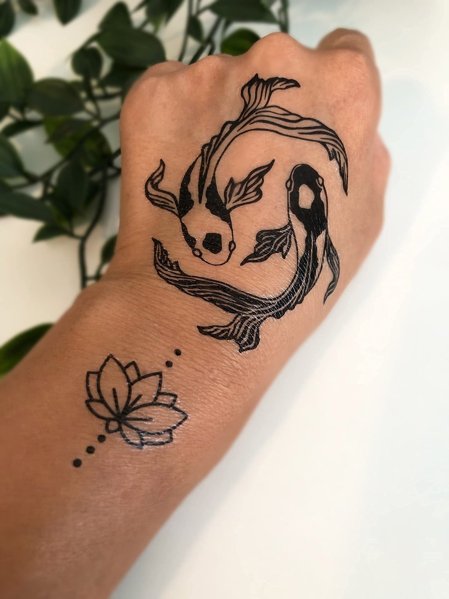 Temporary Tattoos for Adult Women - 2 Sheets - Black Big Ying and Yang Koi Fish Kanji Love Skeleton Heart Hand Skull Lotus Sleeve Adults Tattoo