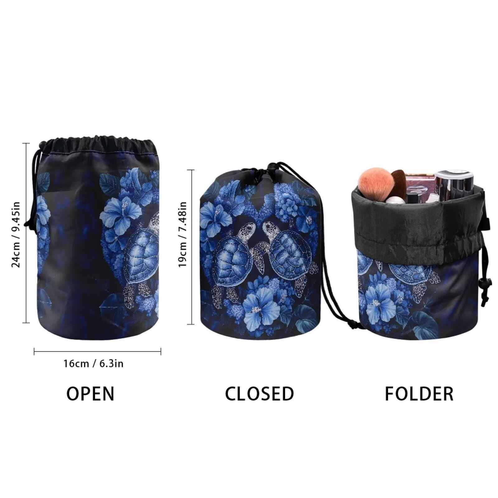 Poceacles Sea Turtle Flower Blue Makeup Bag for Women, Foldable Portable Storage Bag Drawstring Cosmetic Bags Barrel Toiletry Case Organizer Travel Accessories Bag