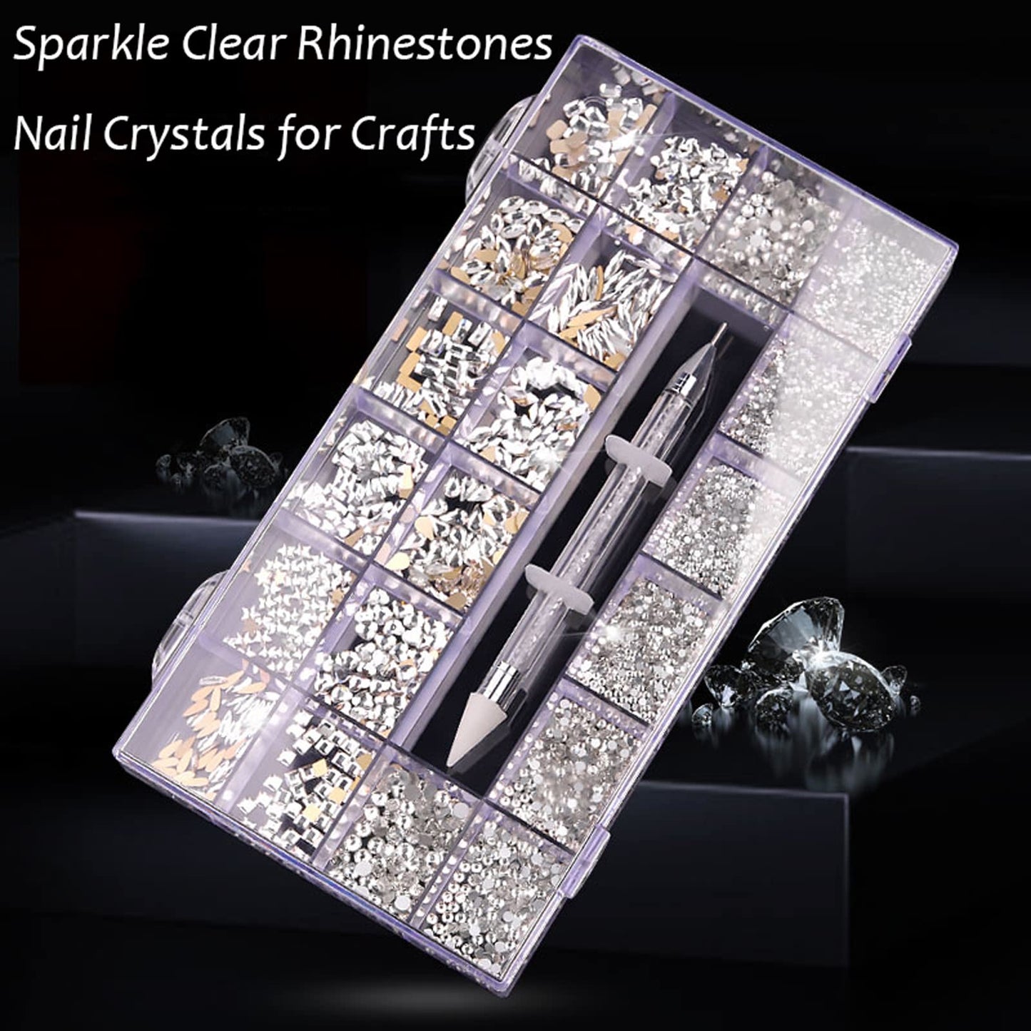 Nail Rhinestones Kit, Nail Art Decorations with Wax Pencil Flat AB Rhinestones Kit DIY Crafts Gemstones for Nail, Shoes, Clothes, Jewels (600 Powder diamonds + 2500 flat rhinestones)