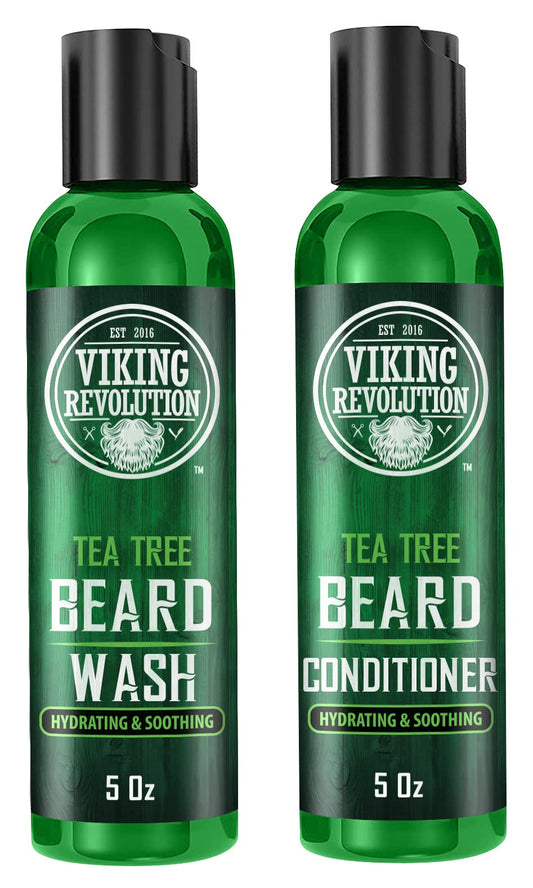 Viking Revolution Tea Tree Oil Beard Wash and Beard Conditioner For Men - Natural Beard Softener Set with Argan Oil, Vitamin E and Ginseng - Tea Tree Beard Shampoo and Conditioner Set (5 Oz)
