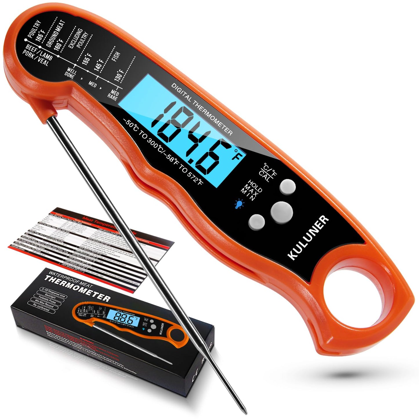 KULUNER TP-01 Waterproof Digital Instant Read Meat Thermometer with 4.6 Folding Probe Backlight Calibration Function for Cooking Food Candy, BBQ Grill, Liquids,Beef(Orange)