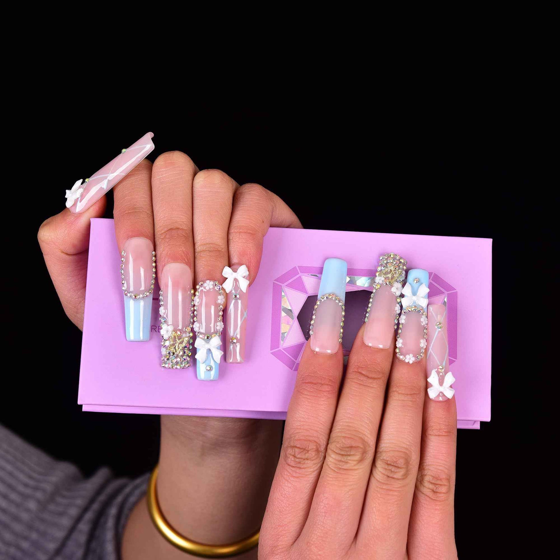 Tmani 10pc/set Extra Long Handmade Press On Nail Hot Girl's Long Ballet Square Nail Full of Diamond Glitter Decoration Fake Nails Suitable For Girls Festival Parties and Birthday Gift（238,Size-S)