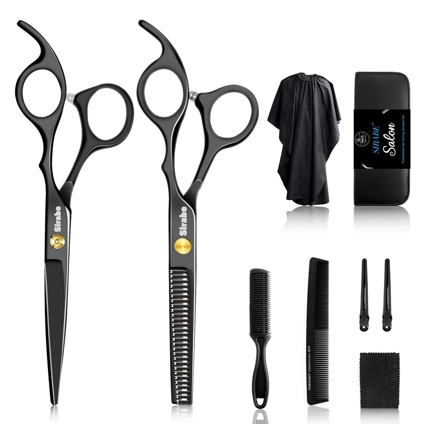 Sirabe 10 PCS Hair Cutting Scissors Set, Professional Haircut Scissors Kit with Cutting Scissors,Thinning Scissors, Comb,Cape, Clips, Black Hairdressing Shears Set for Barber, Salon, Home