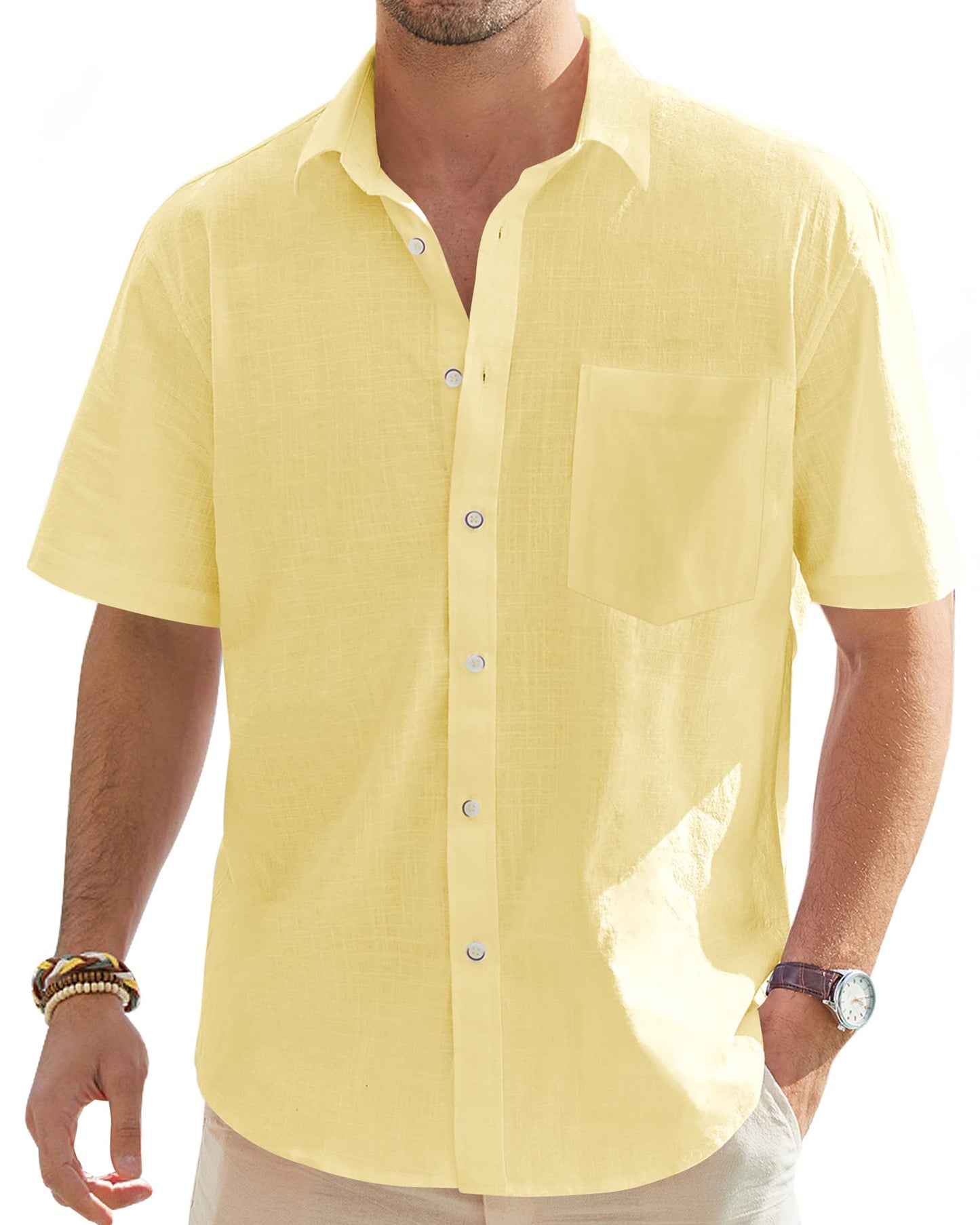 J.VER Men's Casual Button Up Linen Shirts Solid Short Sleeve Work Shirt Loose Fit Vacation Tees with Pocket Light Yellow Medium