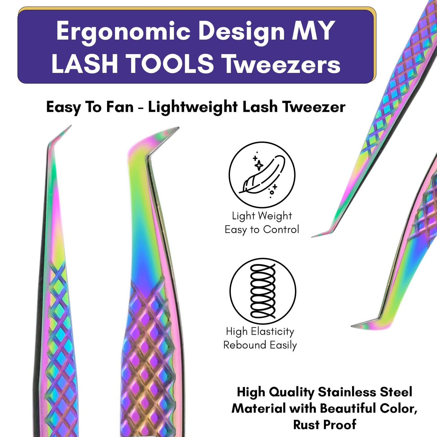 My Lash Tools Lash Tweezers For Eyelash Extensions 2Pcs Fiber Tip Tweezers For Lash Extensions and Isolation Tweezers Mega Mink Fan Boot Volume Lash Tweezer Stainless Steel (Rainbow Tweezers set)