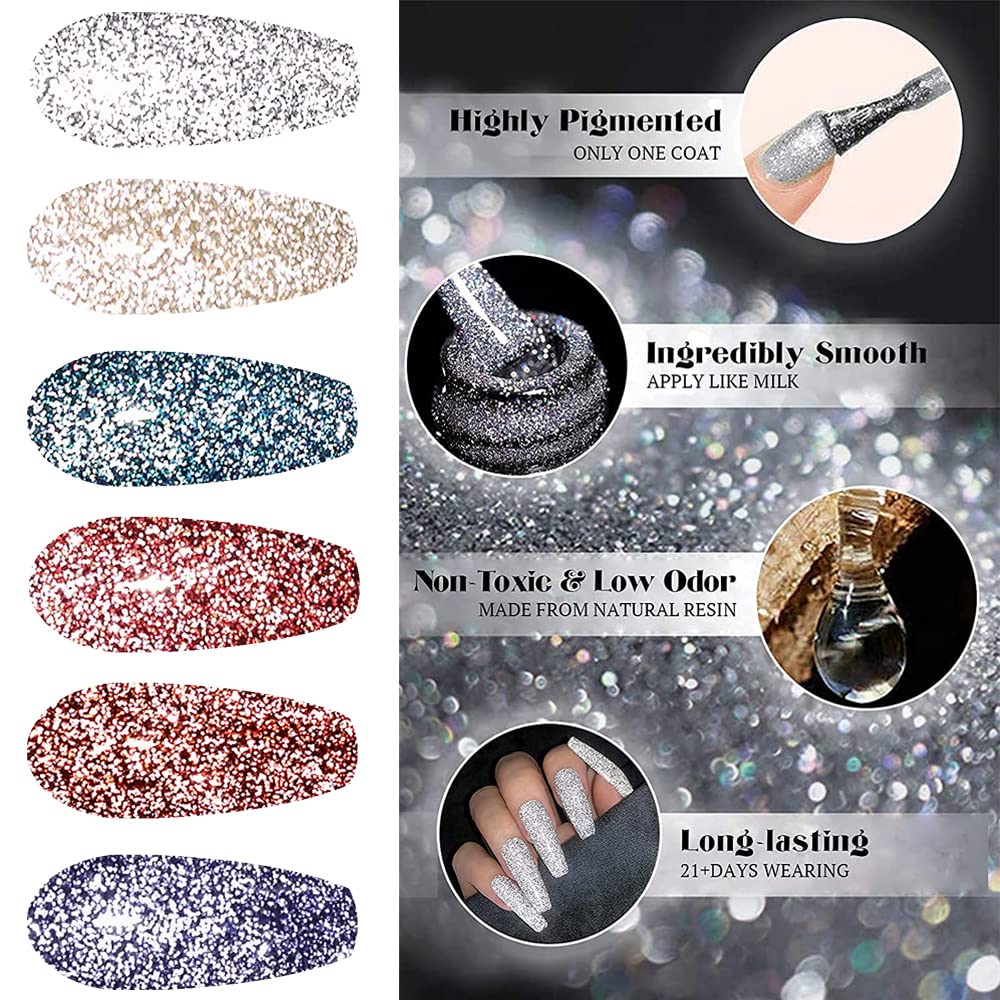 Vishine Reflective Shinny Glitter Gel Nail Polish, Explosion Diamond 6 Colors Charming Red, Brown,Blue, Noble Golden, Classic Sliver Holographic UV LED Soak Off Home Manicure Nail Art 8ml