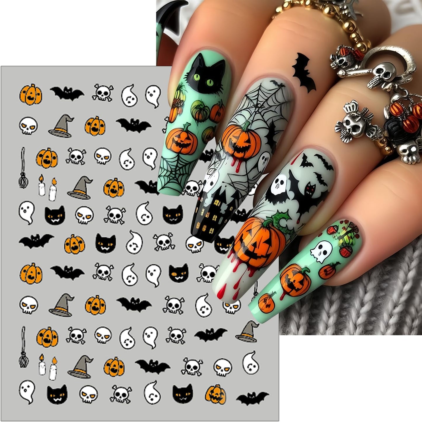 8Sheets Halloween Nail Art Stickers Cute Zombie Ghost Nail Decals 3D Self-Adhesive Bat Skull Spider Nail Sticker Pumpkin Cat Day of The Dead Nail Decoration Nail Supplies for Women Girls Holiday DIY