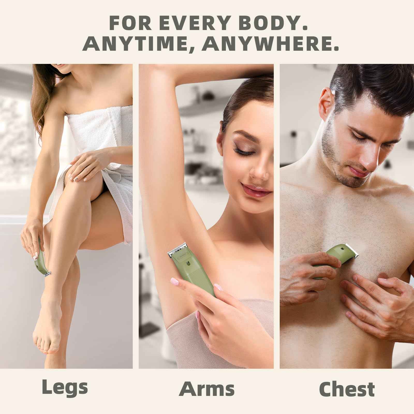 VIKICON Body Hair Trimmer for Men & Women: Safety Electric Razor for Pubic, Legs, Chest, Face w/Dual-Sided Single Blade & 5 Guide Combs, Waterproof Smooth Intimate Shaver, 150min Long Battery Life