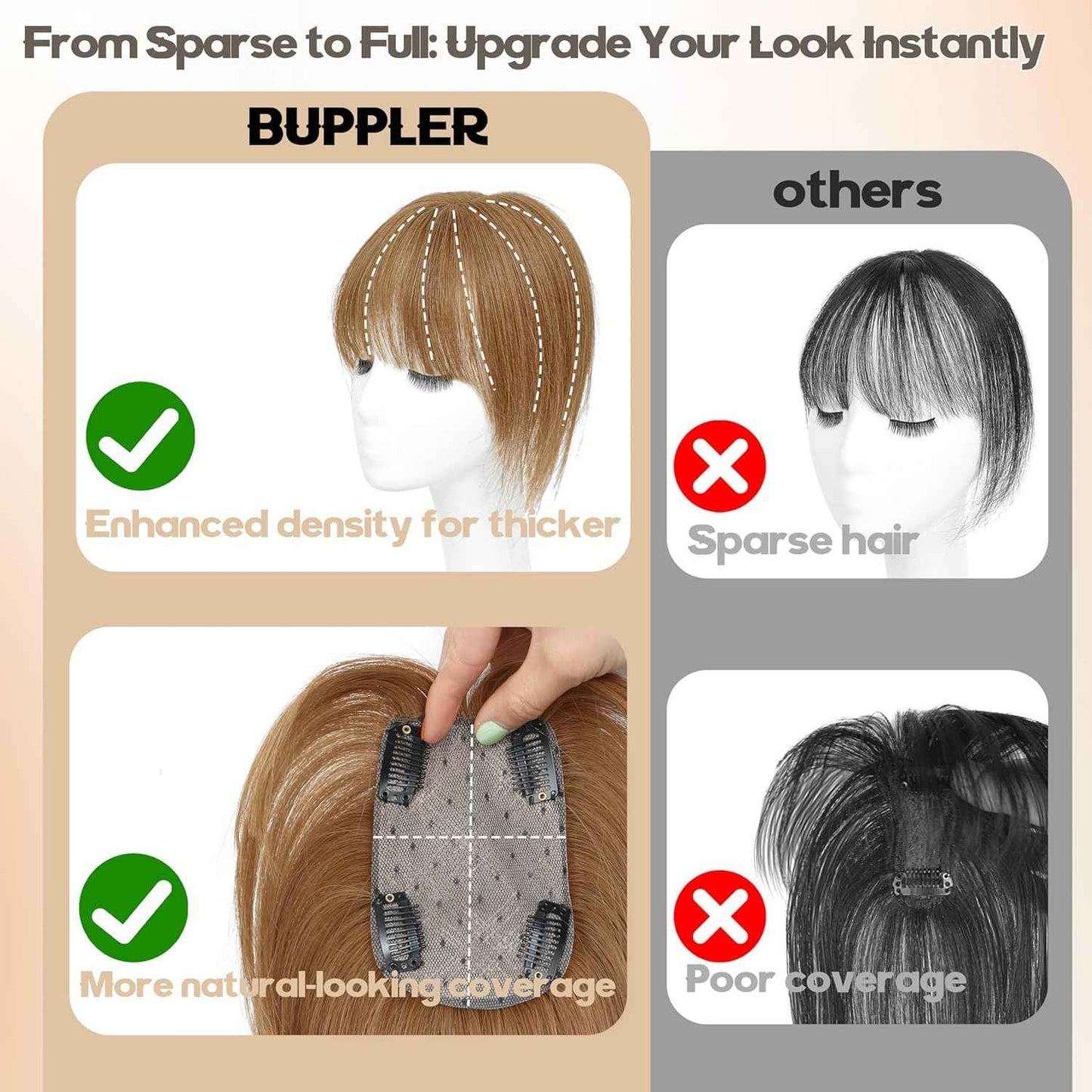 BUPPLER Hair Toppers for Women Real Human Hair-U Shape Toppers Hair Pieces for Women with Thinning Hairr 150% Density Silk Base Clip in Human Topper with Bangs for Daily Use(Light Brown-6#
