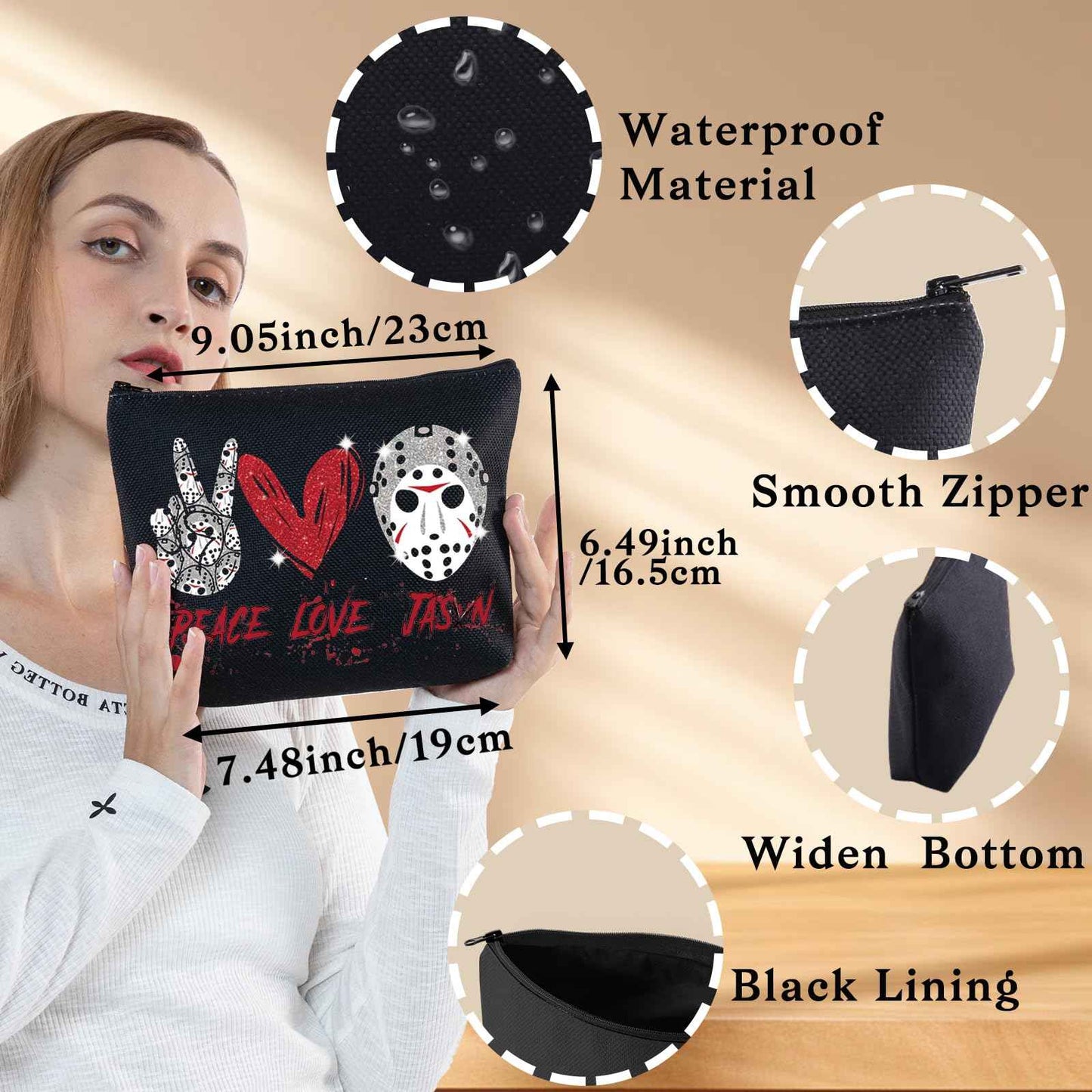 BWWKTOP Mask Slasher Cosmetic Makeup Bag Mask Fans Gifts Peace Love Zipper Pouch Bag Machete Killer Merchandise (PEACE JASON)