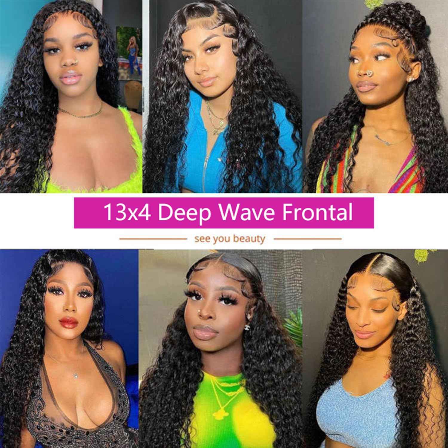 Lace Frontal Closure Deep Wave 13x4 Ear to Ear Frontal HD Lace 16 Inch Brazilian Curly Virgin Human Hair Extensions Pre Plucked with Baby Hair 150% Density Natural Black