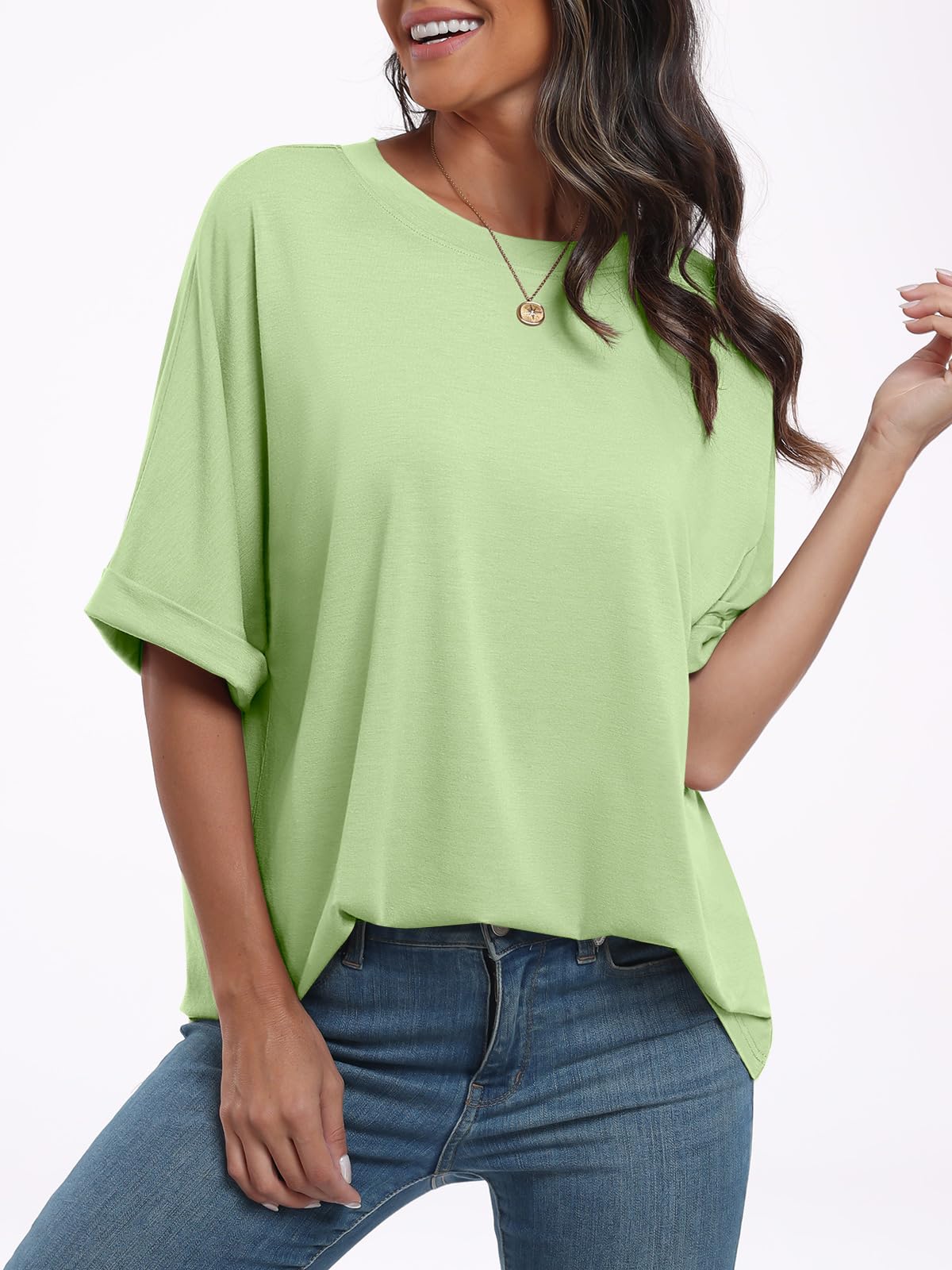 ANRABESS Women's Oversized T Shirts Short Sleeve Crewneck Summer Tops Casual Loose Basic Tee Shirts 2024 Trendy Clothes Light Green Small