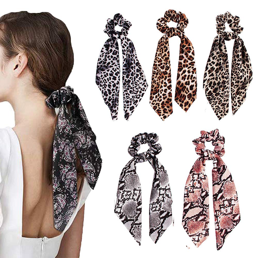 5Pcs Leopard Snake Cheetah Print hair scarf Scrunchies, Leopard Hair Tie, Animals Hair Scarf Scrunchies Ponytail Holder Scrunchy Ties for Women (Leopard Headband - 5B)