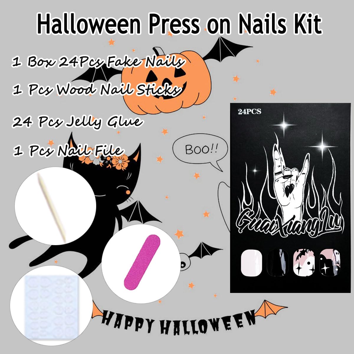 Halloween Press on Nails Short Square Halloween Fake Nails with Ghost Bats Design Black White French Tips False Nails Glossy Glue on Nails Cute Halloween Acrylic Stick on Nails for Women 24Pcs