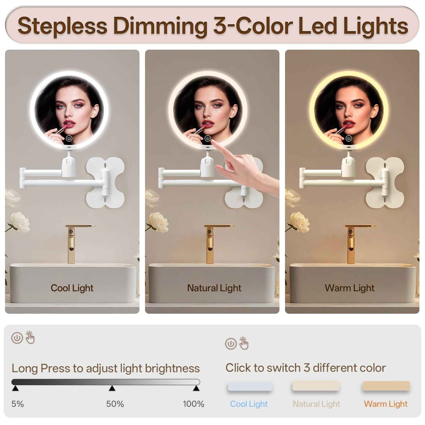 6" Led Wall Mounted Makeup Mirror Double Sided 1/20X, 1-Second Install Lightweight Compact Wall Mirror with Light, Rechargeable Extendable Magnifying Mirror for Bathroom, Wall Vanity Mirrors (1+20X)