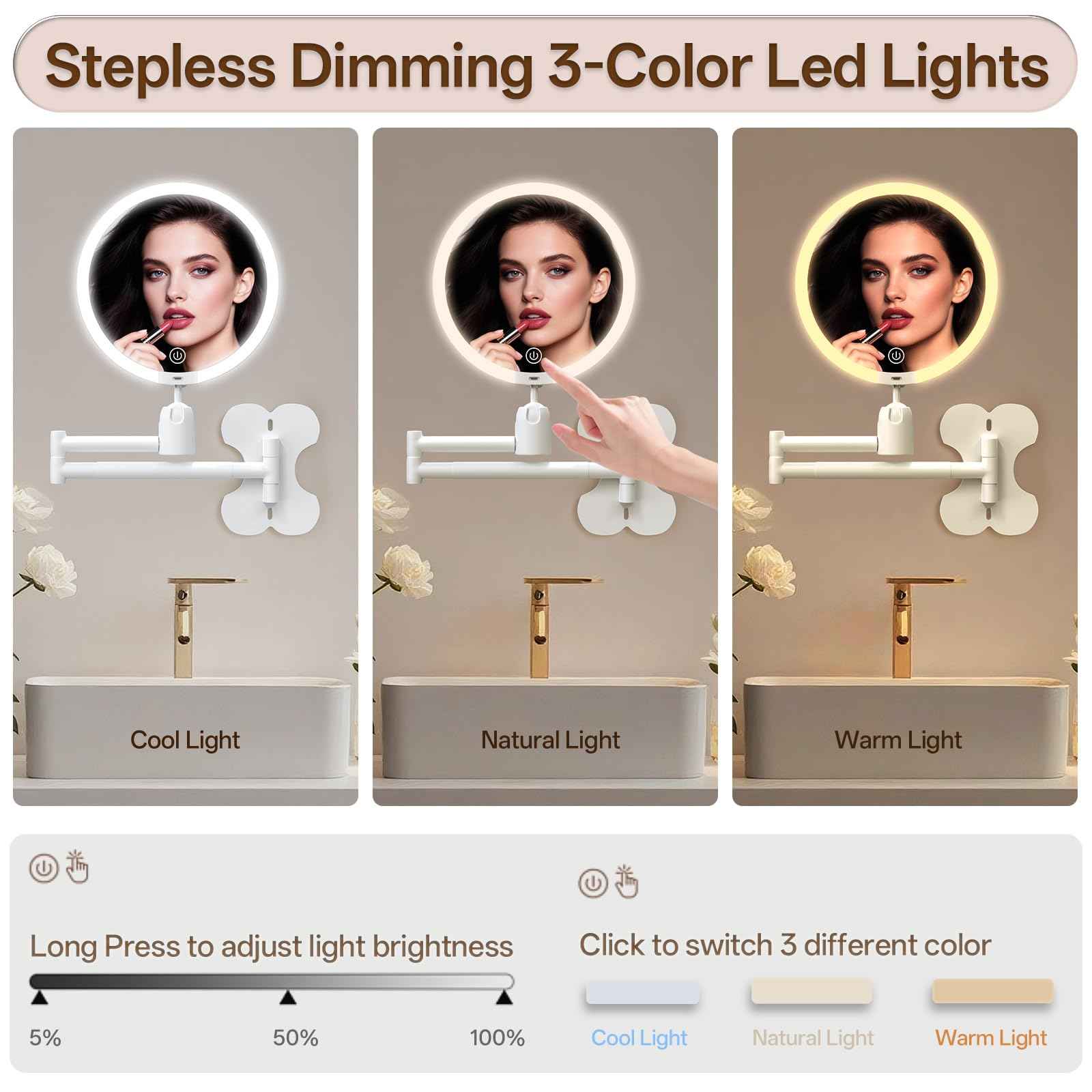 6" Led Wall Mounted Makeup Mirror Double Sided 1/20X, 1-Second Install Lightweight Compact Wall Mirror with Light, Rechargeable Extendable Magnifying Mirror for Bathroom, Wall Vanity Mirrors (1+20X)