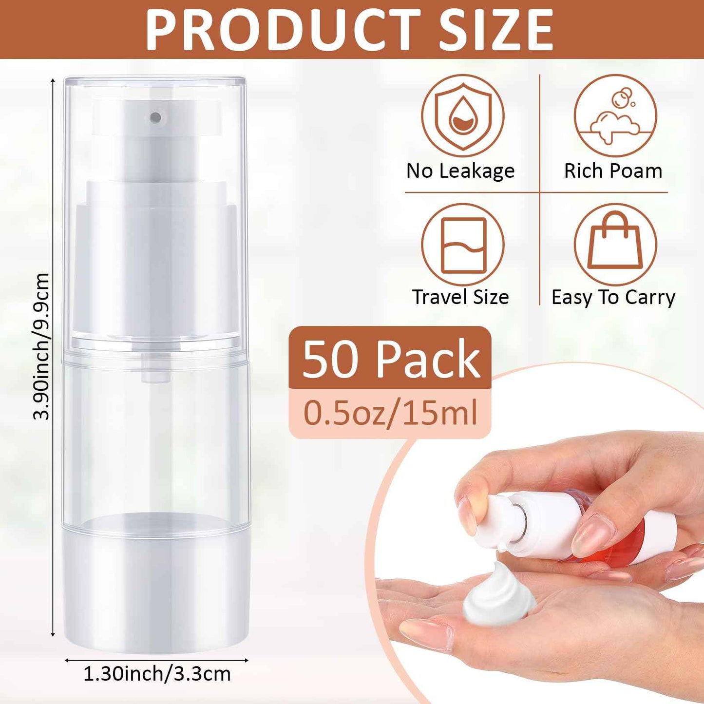 Yaomiao 50 Pcs 0.5 oz 15 ml Airless Pump Bottles Plastic Cosmetic Lotion Dispenser Travel Size Foundation Bottle Refillable Container Vacuum Airless Bottles Empty Clear Pump Jar Small Skin Care Bottle