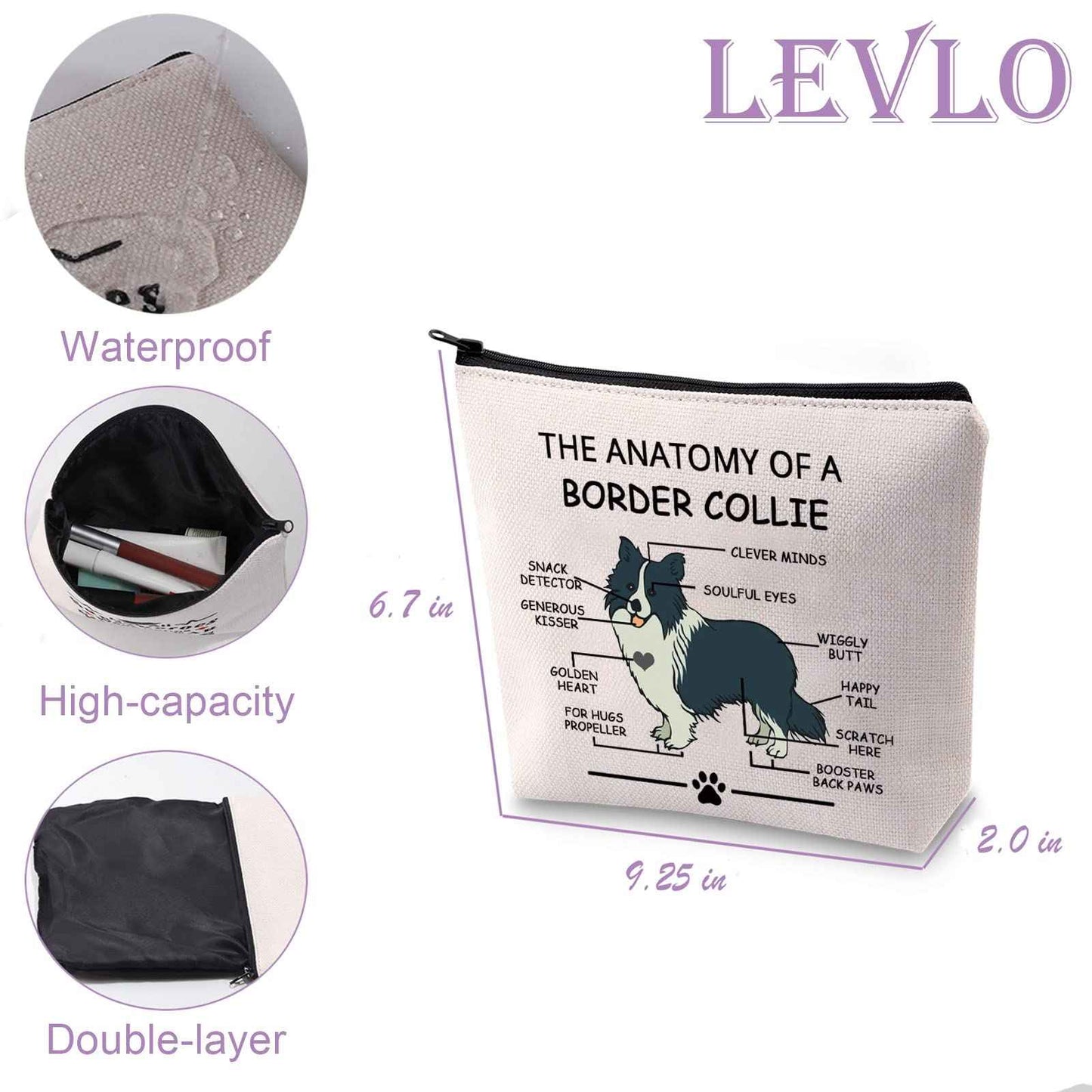LEVLO Border Collie Lovers Cosmetic Bag - Travel Toiletry Bag - Makeup Pouch - Adult Unisex - Cartoon Pattern - Zipper Closure