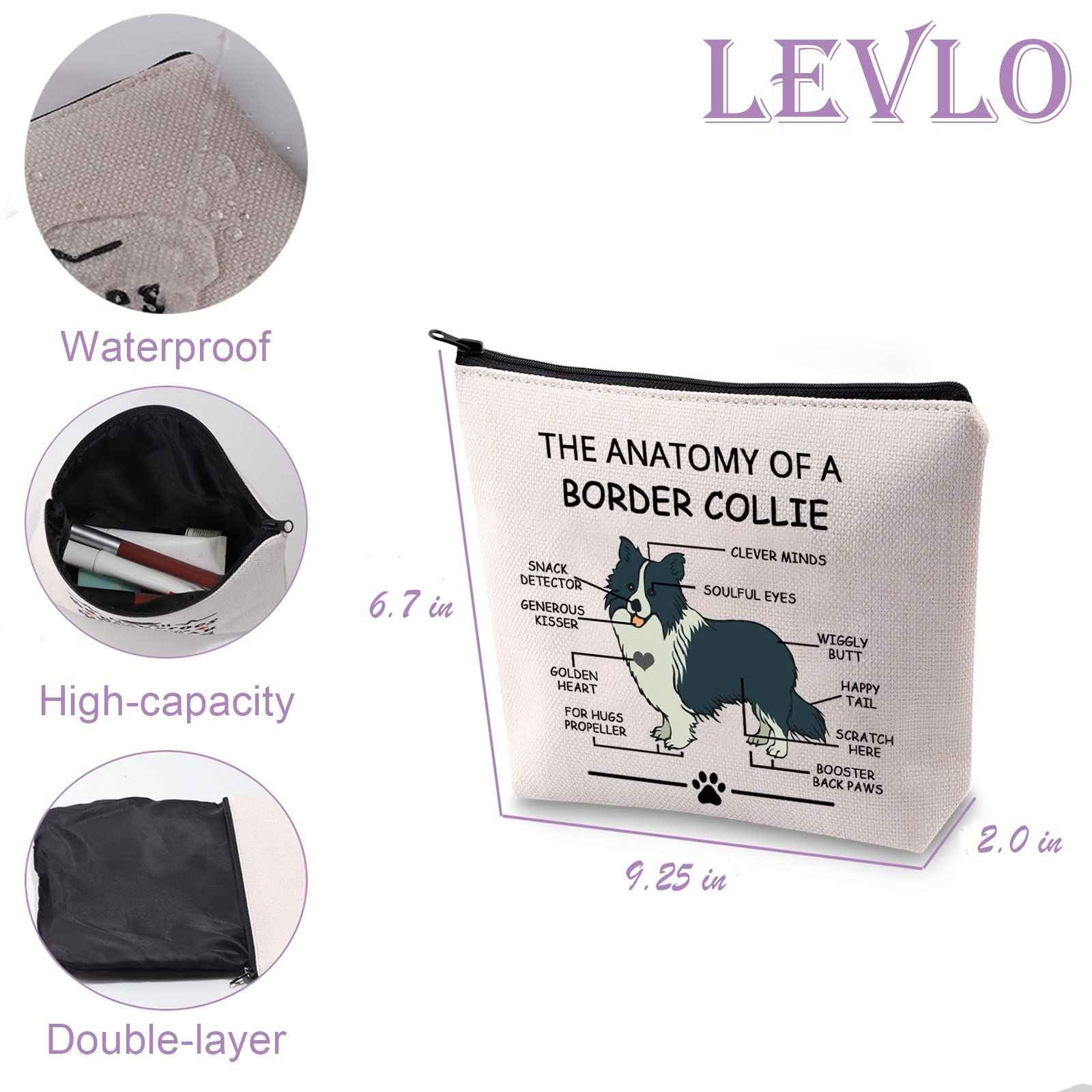 LEVLO Border Collie Lovers Cosmetic Bag - Travel Toiletry Bag - Makeup Pouch - Adult Unisex - Cartoon Pattern - Zipper Closure
