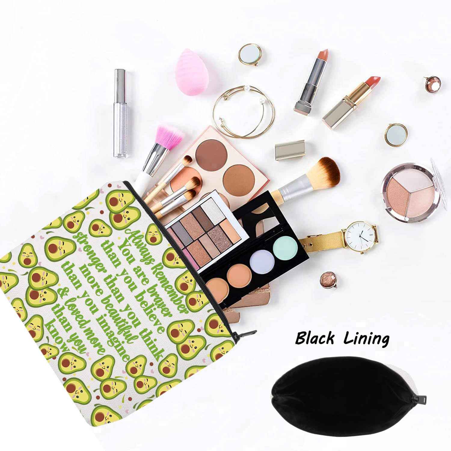 LEVLO Funny Avocado Cosmetic Make up Bag Avocado Lover Inspired Gift Avocado You Are Braver Stronger Smarter Than You Think Makeup Zipper Pouch Bag For Women Girls (Avocado Full Bag)