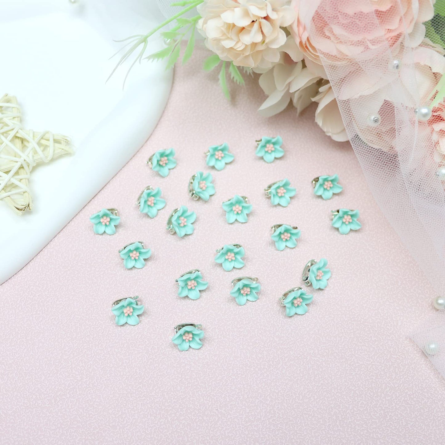 YISSION Mini Lily Hair Clips for Girls and Women - 20Pcs Cute Small Green Flower Wedding Barrettes and Bridal Accessories