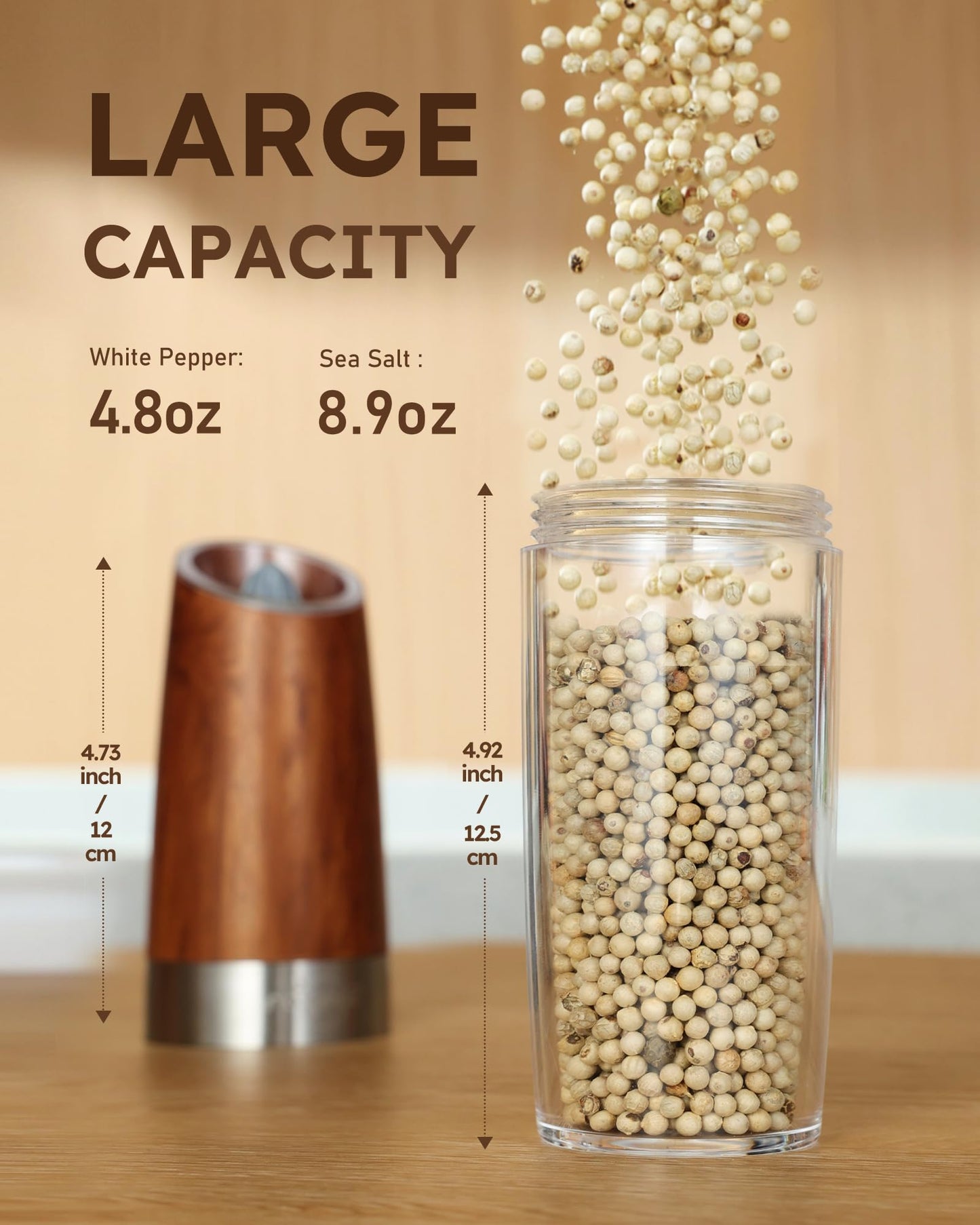 Sangcon Gravity Electric Salt and Pepper Grinder Set Battery Powered 𝐔𝐩𝐠𝐫𝐚𝐝𝐞𝐝 𝟗𝐨𝐳 𝐗𝐋 𝐂𝐚𝐩𝐚𝐜𝐢𝐭𝐲 Refillable Automatic Operation Adjustable Coarseness Mill Grinder Shakers Set