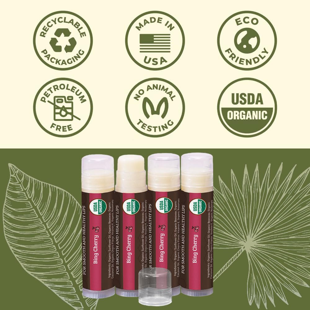 USDA Organic Lip Balm 4-Pack by Earth's Daughter - Cherry Flavor, Beeswax, Coconut Oil, Vitamin E - Best Lip Repair Chapstick for Dry Cracked Lips.