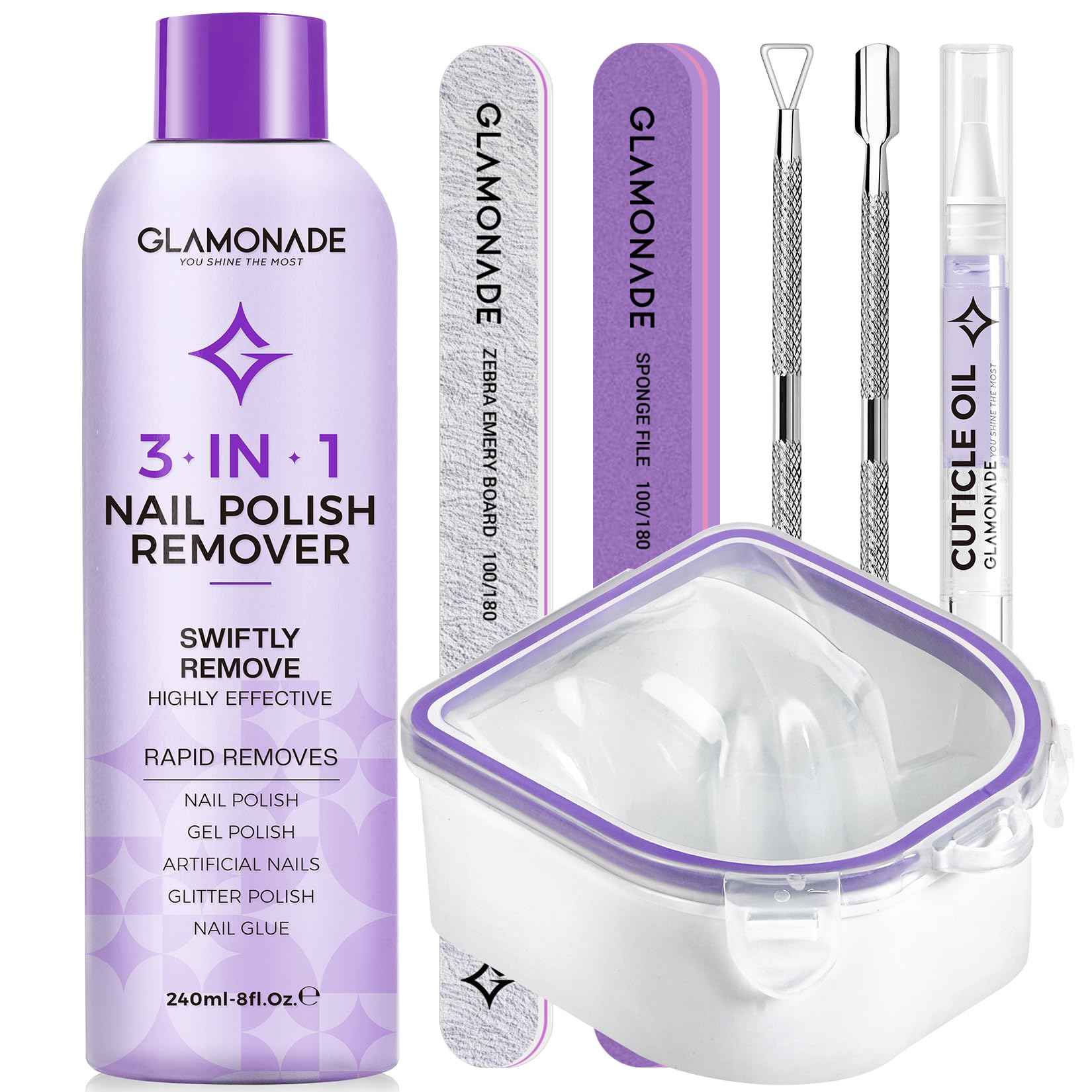 Glamonade Acetone Nail Polish Remover Kit: Soak off Gel Polish Remover Includes Nail File, Nail Buffer Block, Cuticle Pusher, Cuticle Peeler, Nail Polish Soak Off Bowl & Cuticle Oil(8 Fl.Oz.)