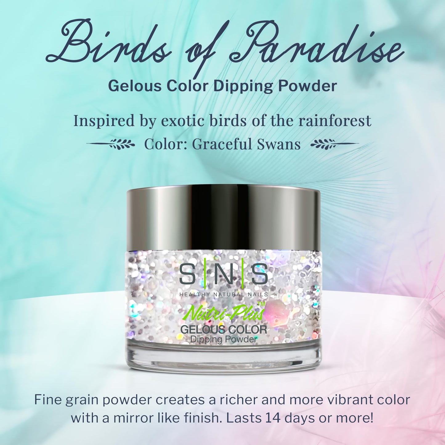 SNS Nail Dip Powder, Gelous Color Dipping Powder - Graceful Swans (Metallics/Silver, Glitter) - Long-Lasting Dip Nail Color Lasts up to 14 days - Low-Odor & No UV Lamp Required - 1 Oz