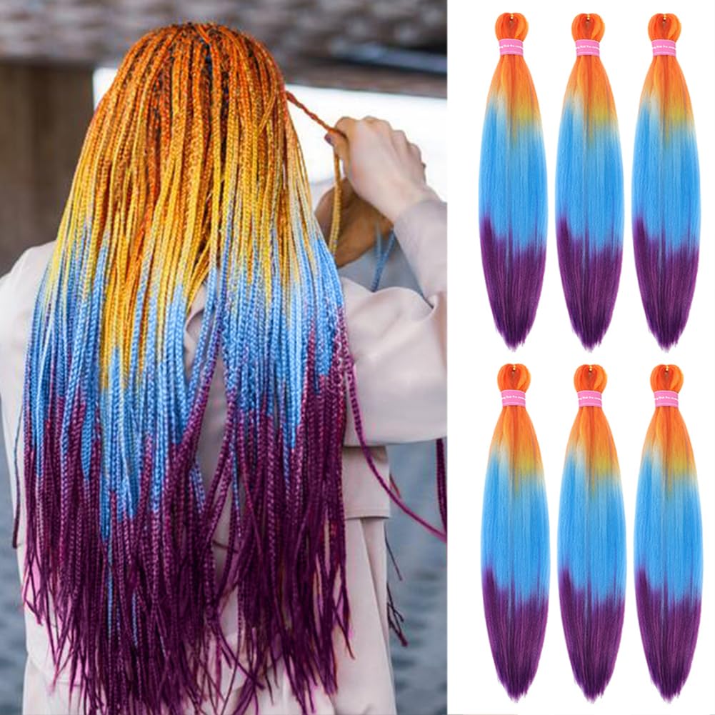 AFNOTE Pre Stretched Braiding Hair Extensions for Braids 26 Inch 6 Packs Ombre Braiding Hair Pre Stretched Professional Synthetic High Temperature Braid Hair Extension-Orange/Blue/Purple