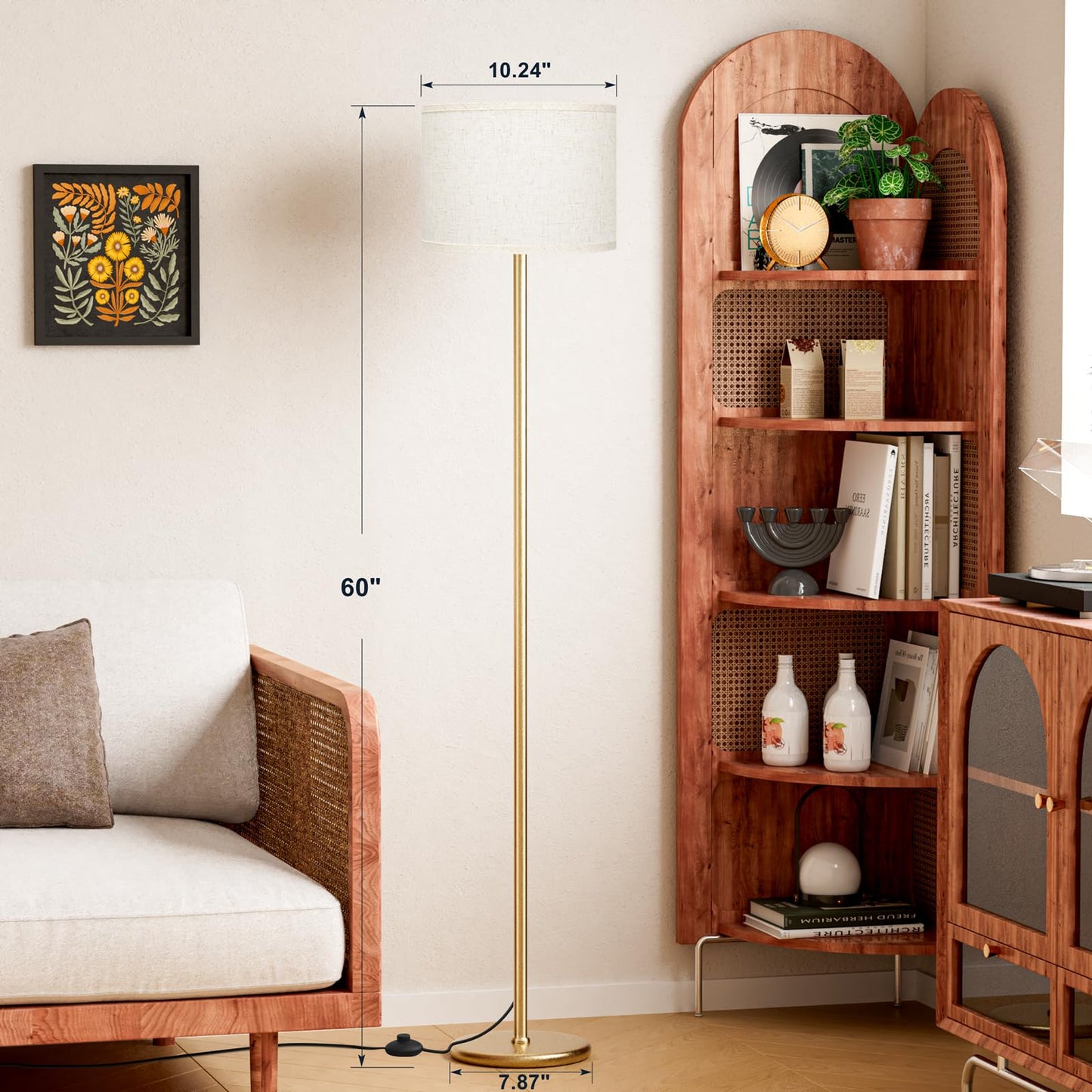 Ambimall 60'' Modern Floor Lamp with Shade, Tall Lamps for Living Room, Bedroom, Office, Dining Room, Beige Shade with Gold Pole(Without Bulb)