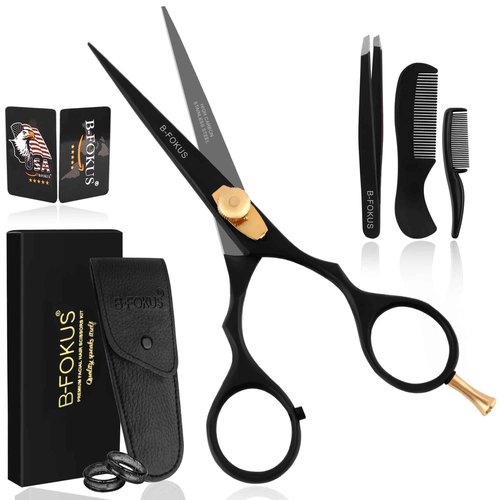 5.5” Hair Cutting Scissors for Hair, Mustache & Beard - Black Mustache and Beard Scissors for All Type Facial Hairs, Beard and Mustache Scissors with Pouch, Tweezers, Beard Comb and Mustache Comb.