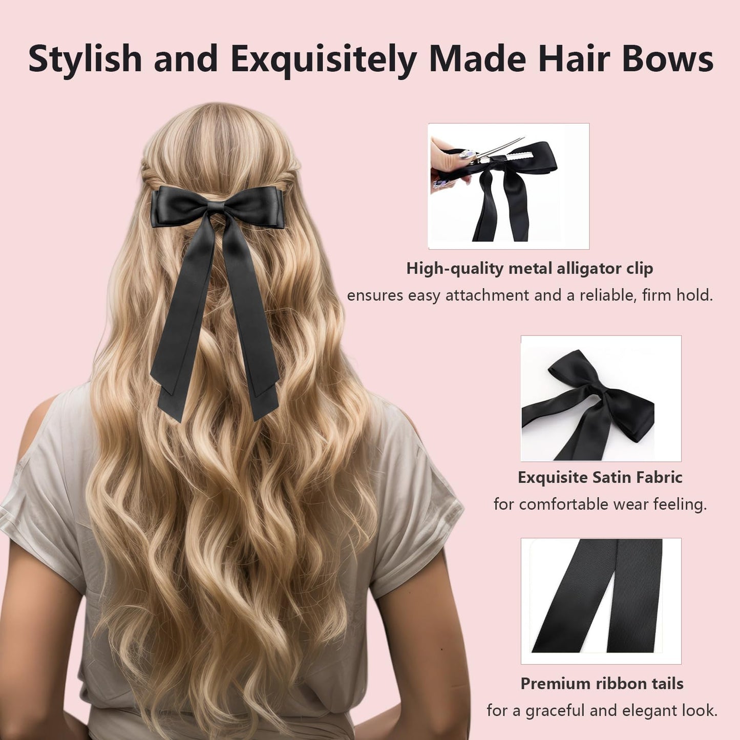 Women Hair Bow Clips 2 Pcs, Cute Silky Satin Hair Bowknot Clips Hairclips Double Ribbon Tassel Ponytail Holder Accessories, Hair Bow Barrettes Clips for Girls Toddlers Teens Kids Gifts, Black+Pink