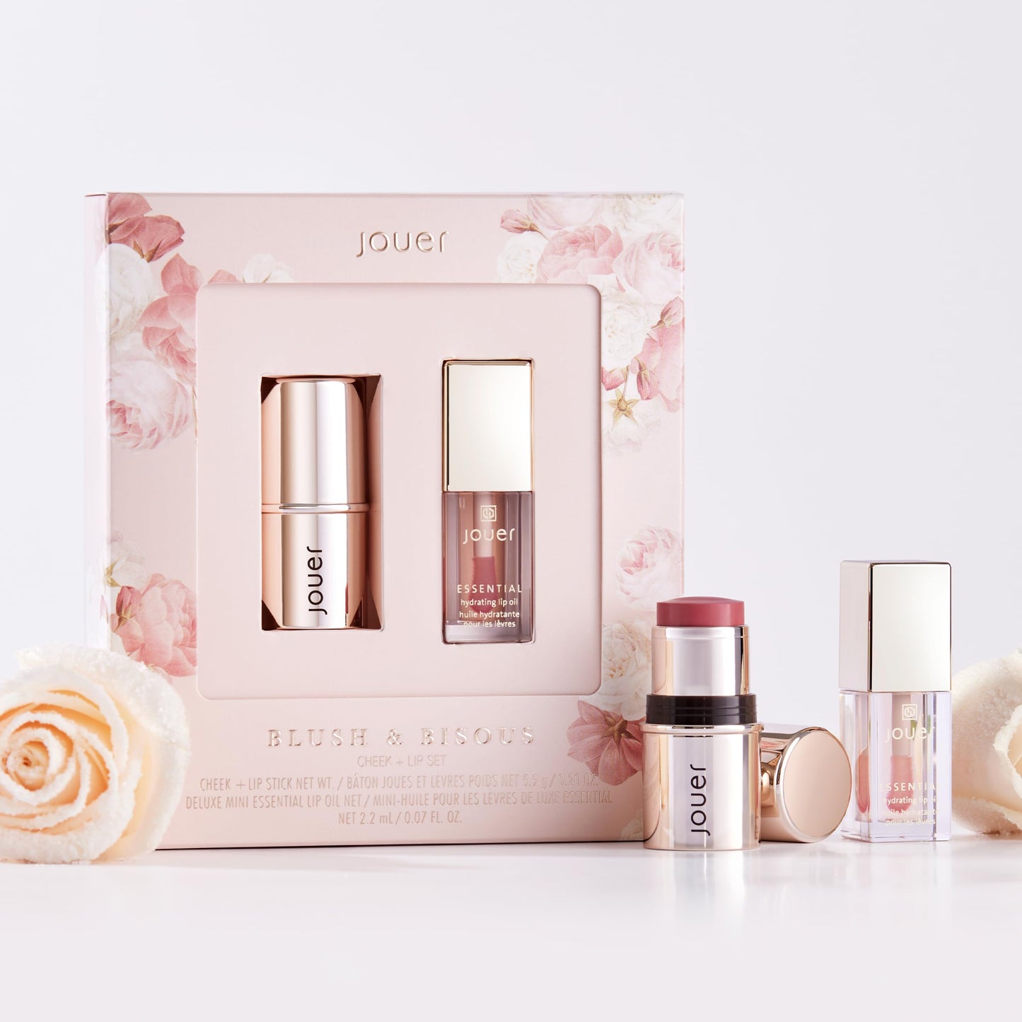 Jouer Blush & Bisous Cheek & Lip Set - Cream Blush - Moisturizing Dry Lip Serum - Clear Lip Oil