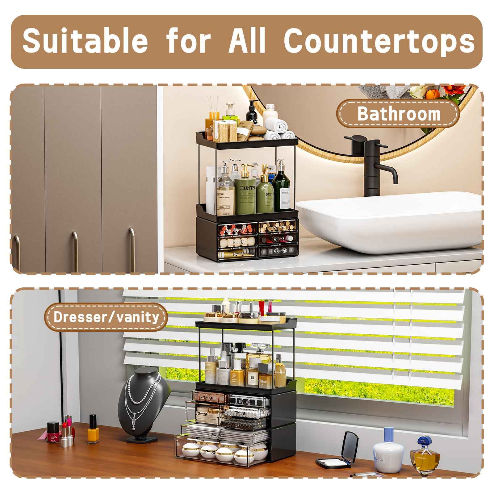 3 Pack Bathroom Organizers and Storage Countertop With 7 Drawers,Stackable Vanity Drawer Organizer for Makeup,18.9" Tall Large Capacity Skincare Organizer and Exquisite Makeup Organizer,Black