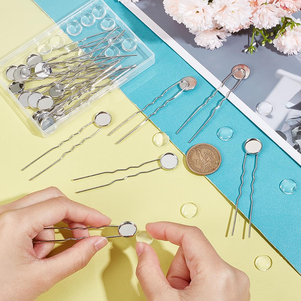 UNICRAFTALE 30 Sets 3 Colors Hairpins Round Bezel Tray Blank Hair Pins Brass DIY Cabochon Hair Pins Supplies with Glass Cabochons 12mm Tray Hair Bobby Pin 60mm Long Hair Fork for Jewelry Making