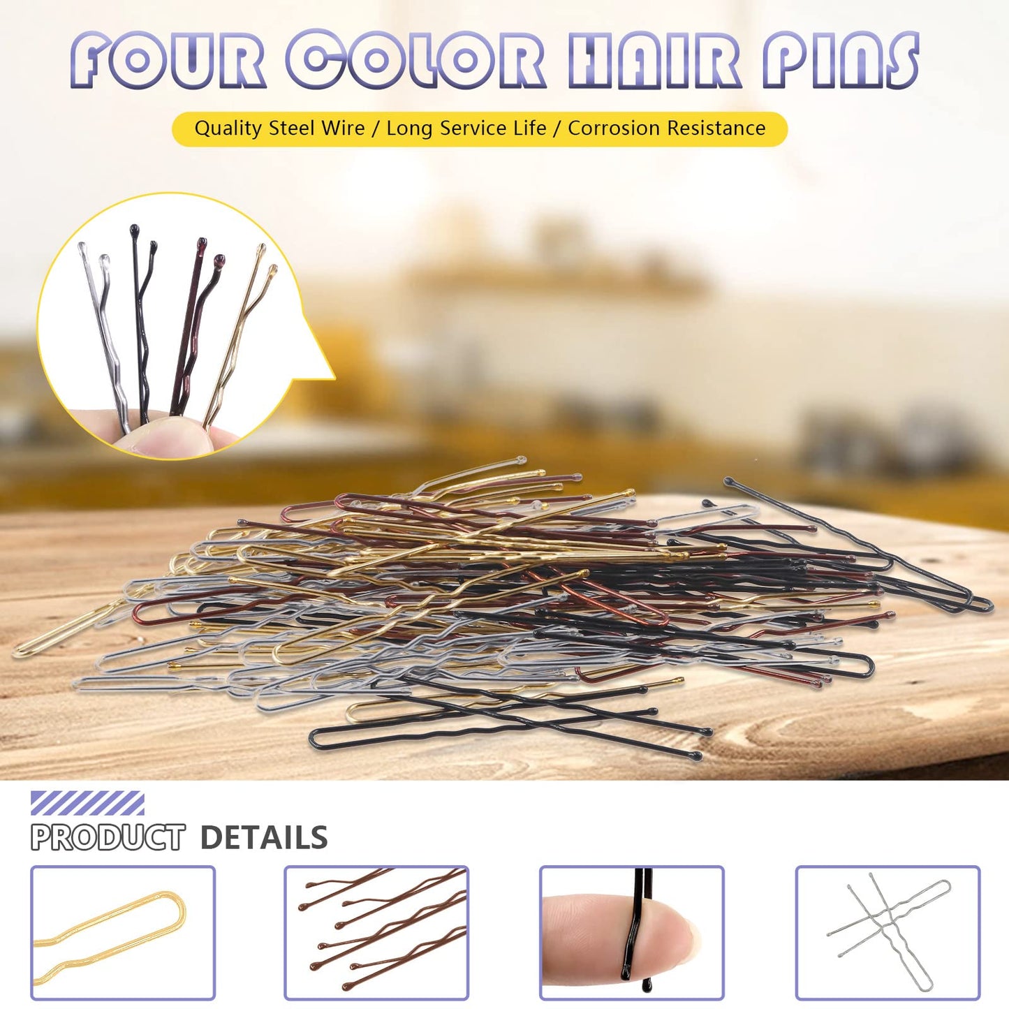 Swpeet 420Pcs 2 Styles 1.9Inch 2.4Inch Black/Gold/Brown/Silver Hair Pins Bobby Pins with Rubber Bands Kit, Including 160Pcs Bobby Pins and 160Pcs U Hair Pins Hair Clips for Girls and Women