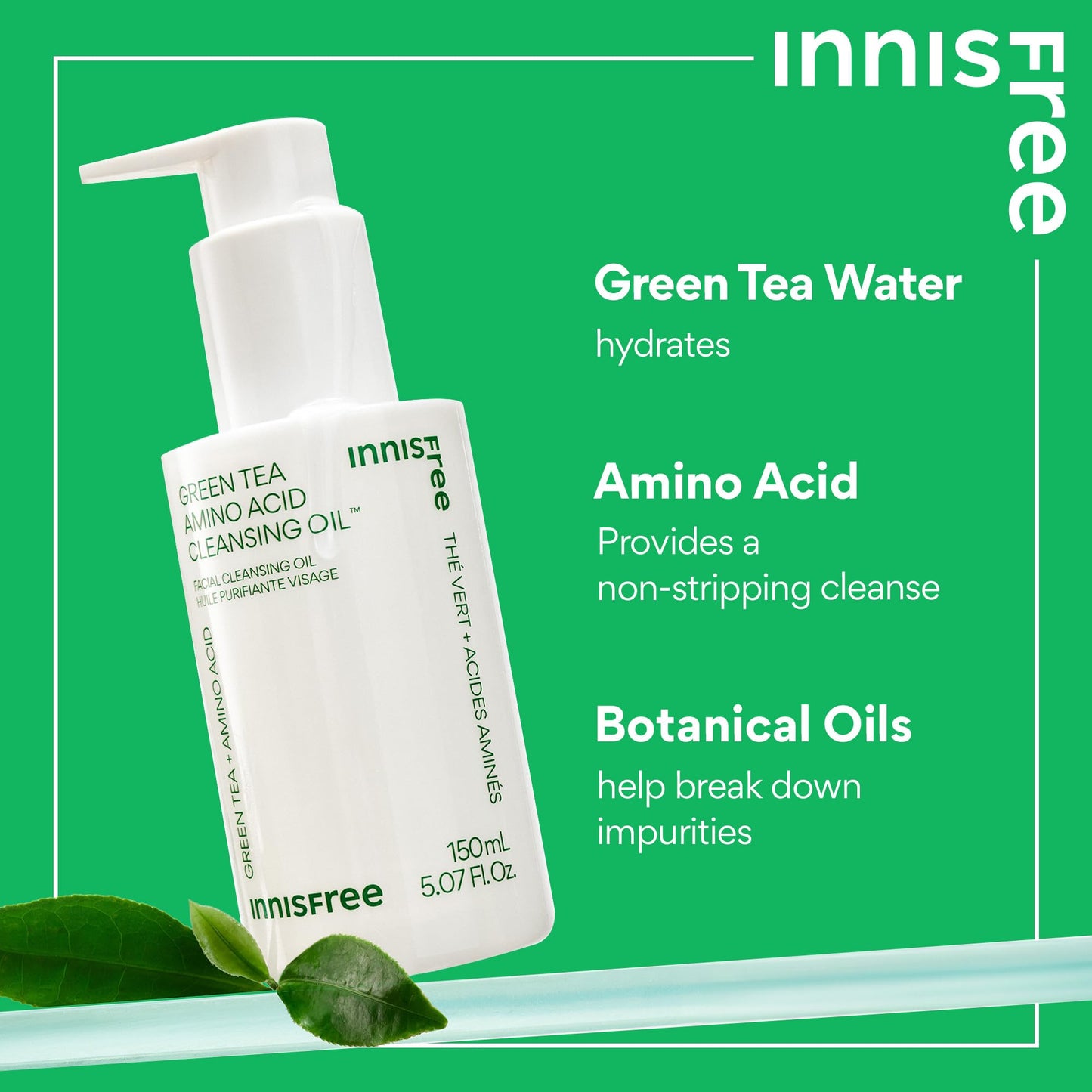 innisfree Green Tea Amino Acid Cleansing Oil, Hydrating Korean Cleansing Oil with Jojoba Oil for Removing Makeup and Sunscreen