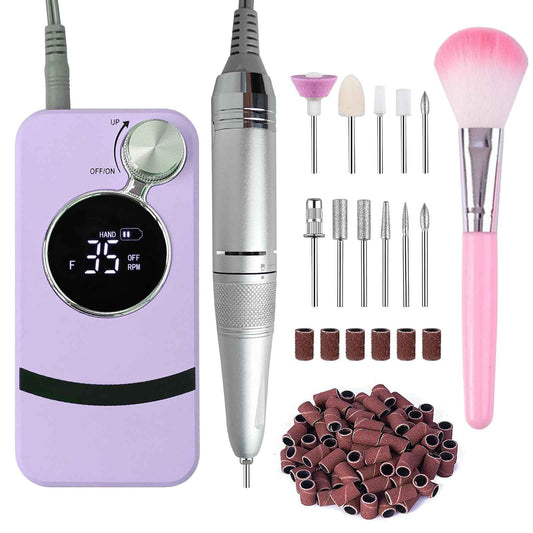 Electric Professional Purple Cordless Portable Nail File 35000RPM Gel Polish Remover Rechargeable Drill Kit for Home Salon Manicure Pedicure