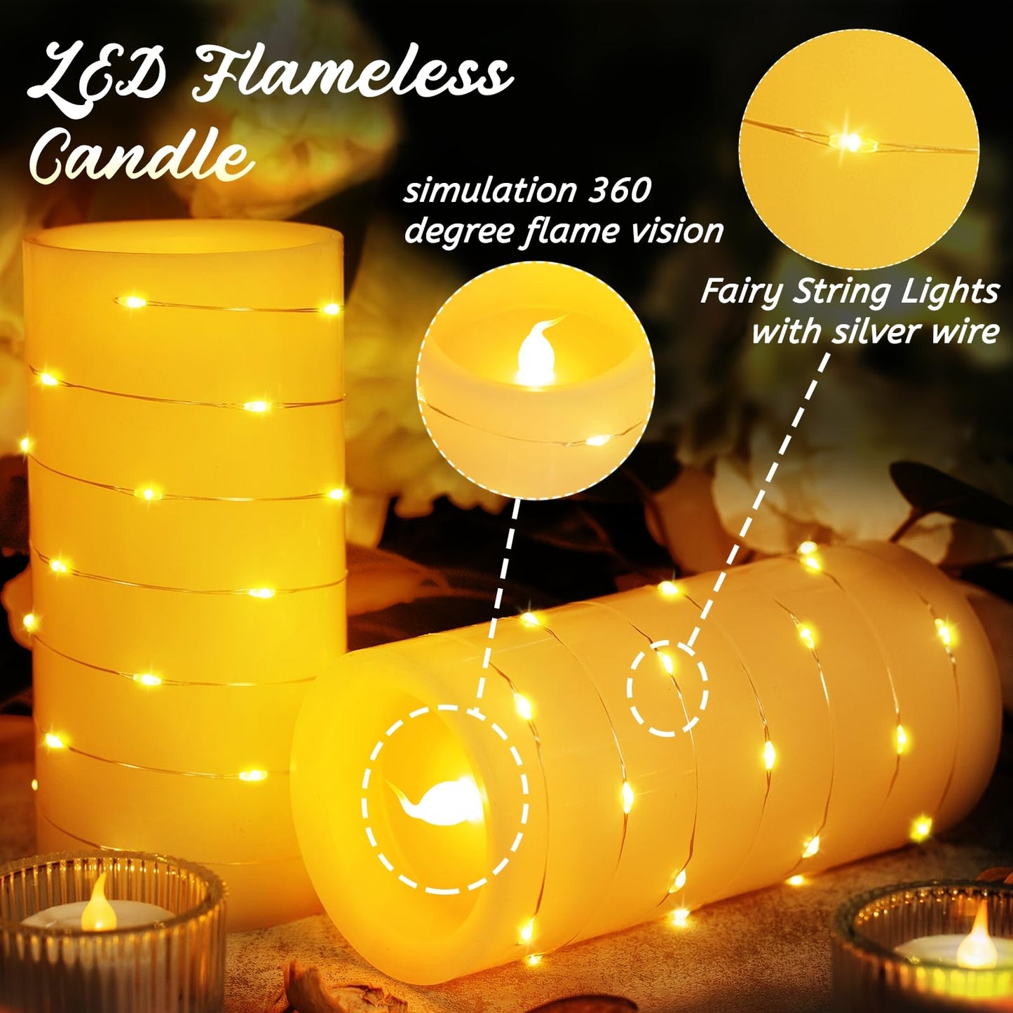 BeMoment Battery Operated Led Candles - Flameless Candles with String Lights and Remote, Flickering Candles with Timer, Table Electric Candle Set of 2, for Bedroom, Wedding, Home Decor