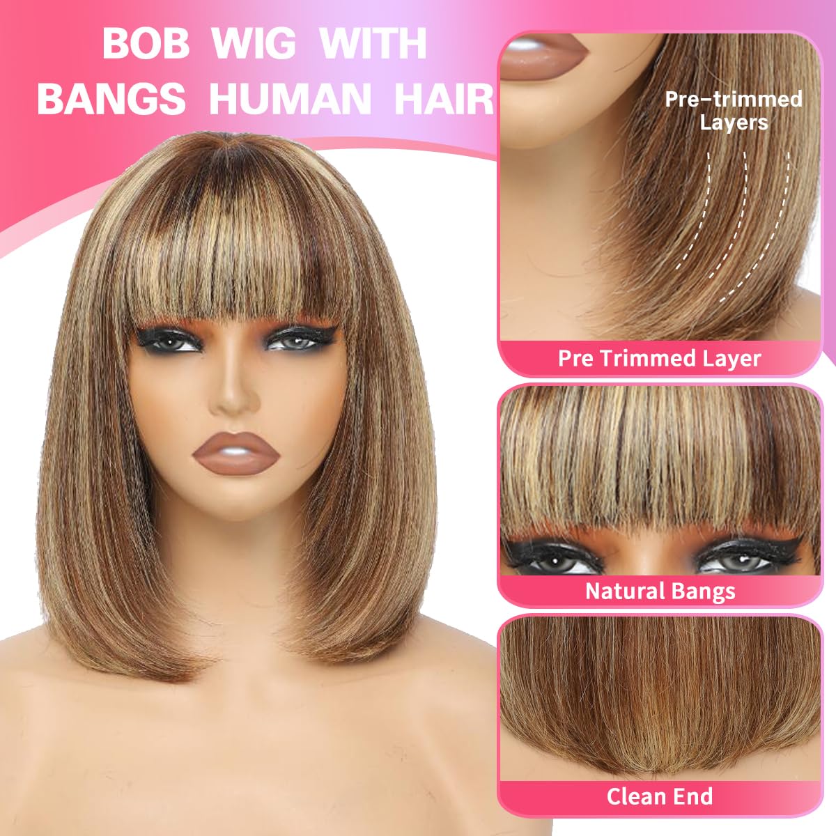 Bob Wig with Bangs Human Hair P4/27 Straight Wig Human Hair Short Human Hair Glueless Wear Wig Ombre Blonde Highlight Short Bob Wigs for Black Women 2.5X1 inch Bob Wig Human Hair 10Inch Short Bob