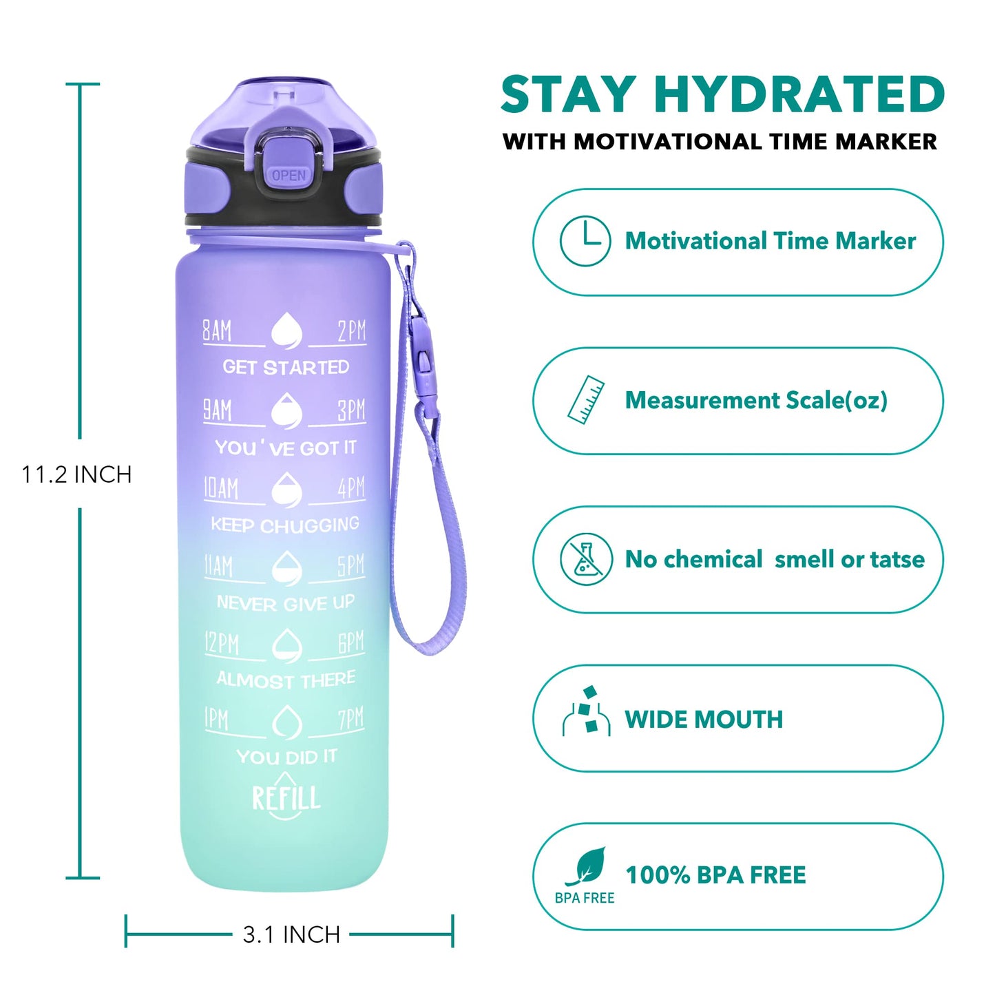 Enerbone 32 oz Drinking Water Bottle with Times to Drink and Straw, Motivational with Carrying Strap, Leakproof BPA & Toxic Free, Ensure You Drink Enough Water for Fitness Gym Outdoor