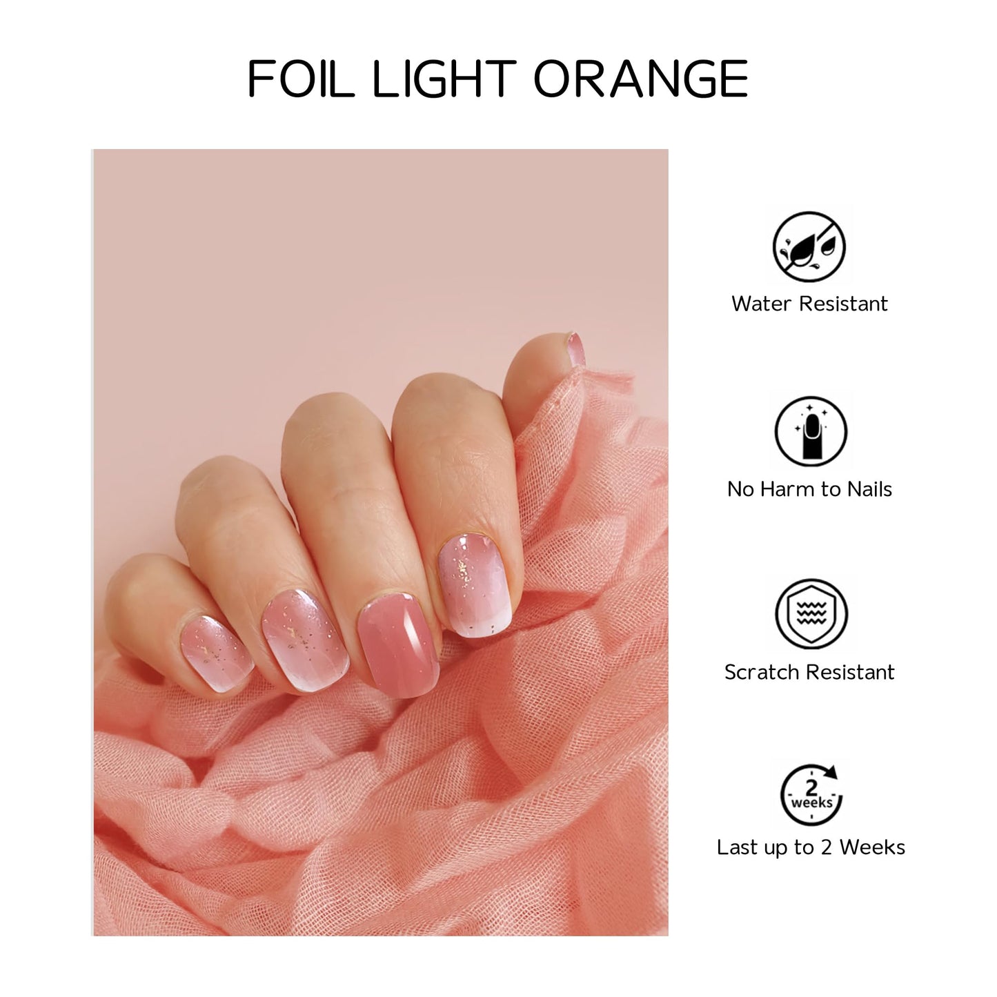 Ekkyo In Semi Cured Gel Nail Strips, Chip Resistant, Easy to Use Gel Nail Strips, Long Lasting 20 Pcs Semi Cured Gel Nail Wraps, Nail Art at Home, Works with Any Nail Lamps, Foil Light Orange