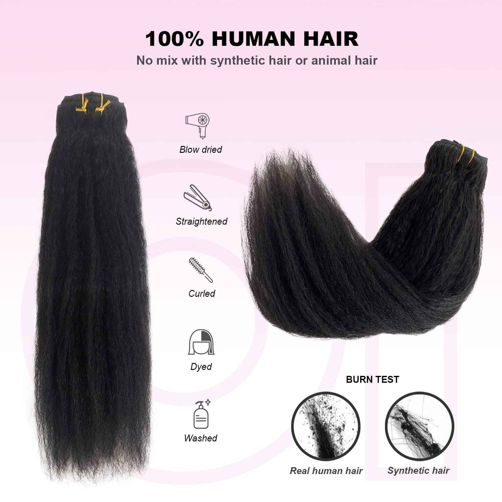 OiMiGO Real Hair Extensions, Natural Black Kinky Straight Clip in Extensions Brazilian Human Hair Clip ins Extension for Black Women 7 Pieces 14 Inch 120g