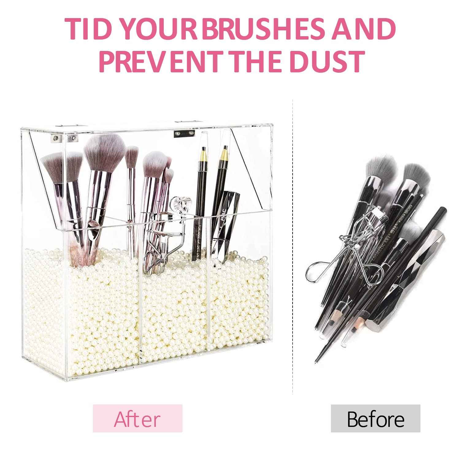 YestBuy Clear Makeup Brush Holder, Acrylic Makeup Brush Organizer For Vanity, Cosmetic Brush Storage Box with Pearls, For Bathroom, Bedroom, Vanity Countertop