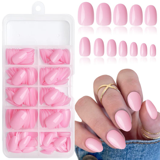 Lifextol Short Press on Nails Almond Fake Nails, 240 Round Almond Press on Nail Short Full Cover Acrylic Presson Nail Tips Pink Artificial False Fingernails & Nail Glue Adhesive Tabs for Women Kids