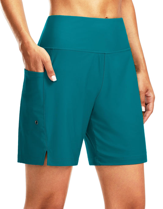 G Gradual Women's 7" Long Swim Board Shorts High Waisted Quick Dry Beach Swimming Shorts for Women with Liner Pockets(Lake Blue,S)