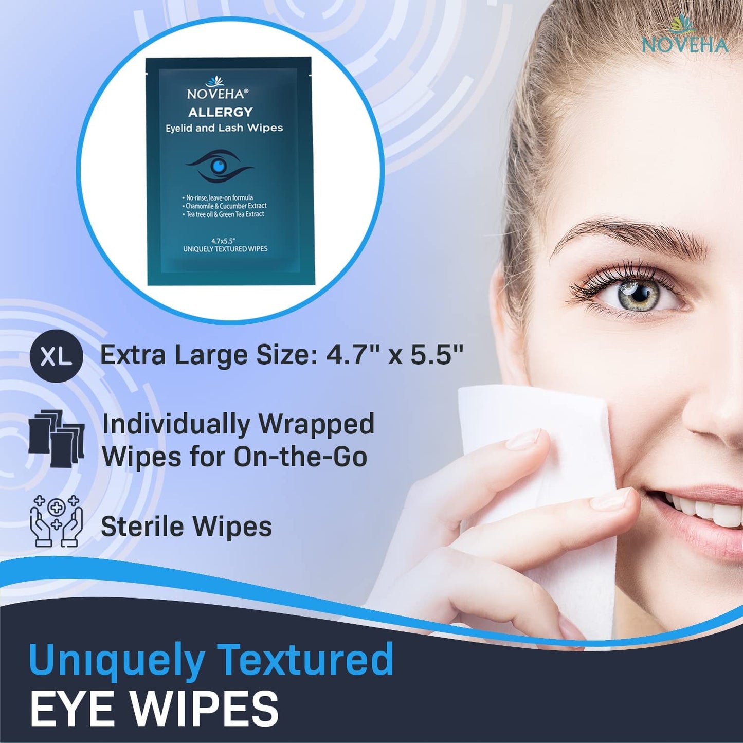 NOVEHA 120Pcs Allergy Relief Eyelid Wipes | Pre-moistened Hypoallergenic Eye Cleansing Pads, Reduce Itchiness, Redness & Discomfort Caused By Allergy, Clean, Soothe & Remove Debris (2 Pack)