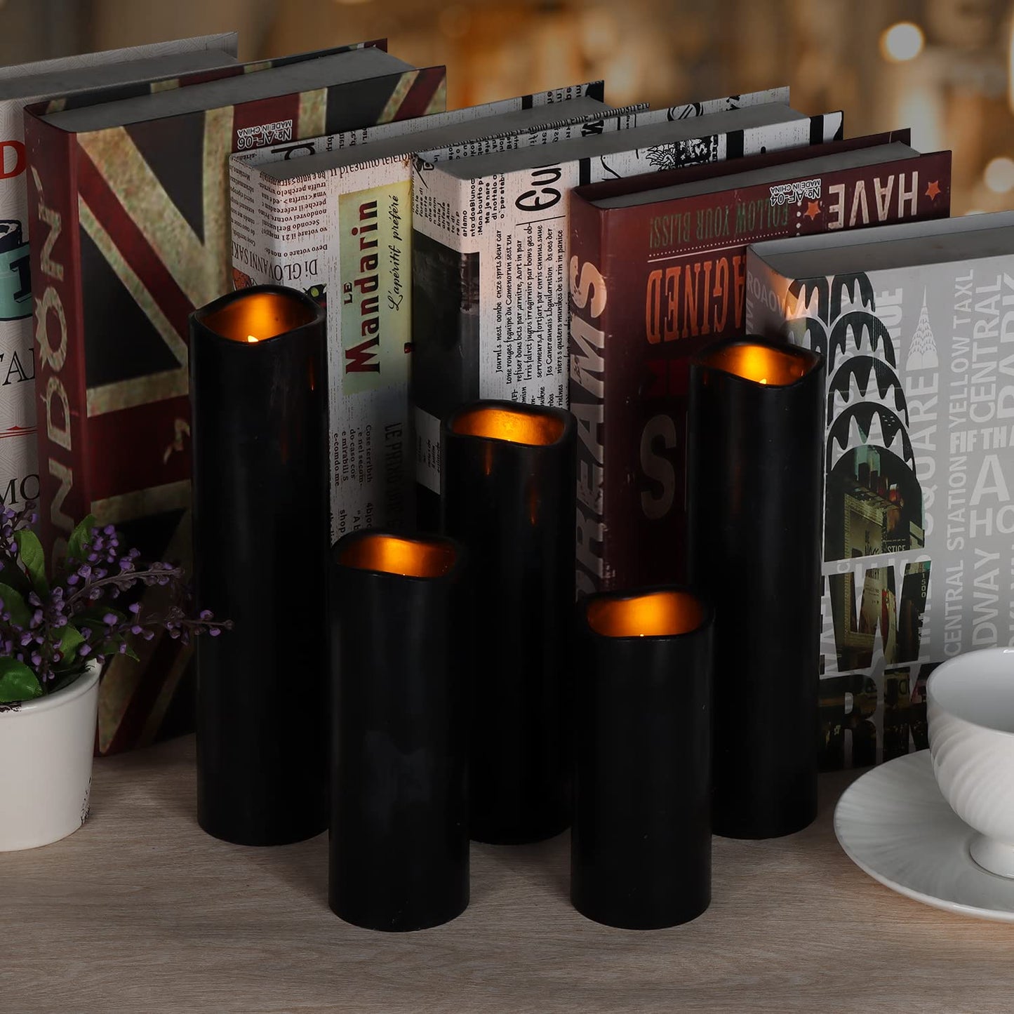 antizer Flameless Candles Led Candles Pack of 9 (H 4" 5" 6" 7" 8" 9" x D 2.2") Black Real Wax Battery Candles with Remote Timer